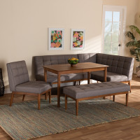 Baxton Studio BBT8051.11-GreyWalnut-5PC Dining Nook Set Baxton Studio Sanford Mid-Century Modern Grey Fabric Upholstered and Walnut Brown Finished Wood 5-Piece Dining Nook Set